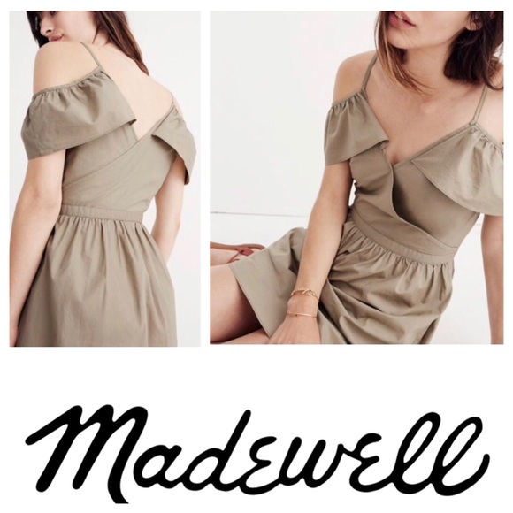 Madewell Dresses & Skirts - Madewell Khaki cold Shoulder Ruffle Sheath Dress